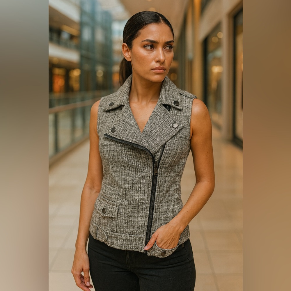 Forever 21 NWT Sz S Moto vest Bouclé black/gray cross zippered Asymmetrical
